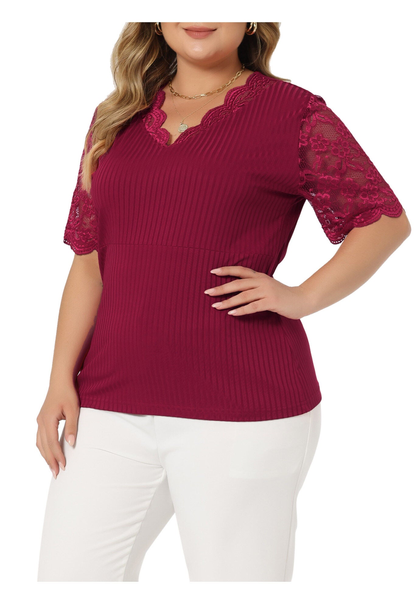 V Neck Short Sleeve Lace Ribbed Knit Tunic Top, Burgundy / Burgundy, alternate image number 1