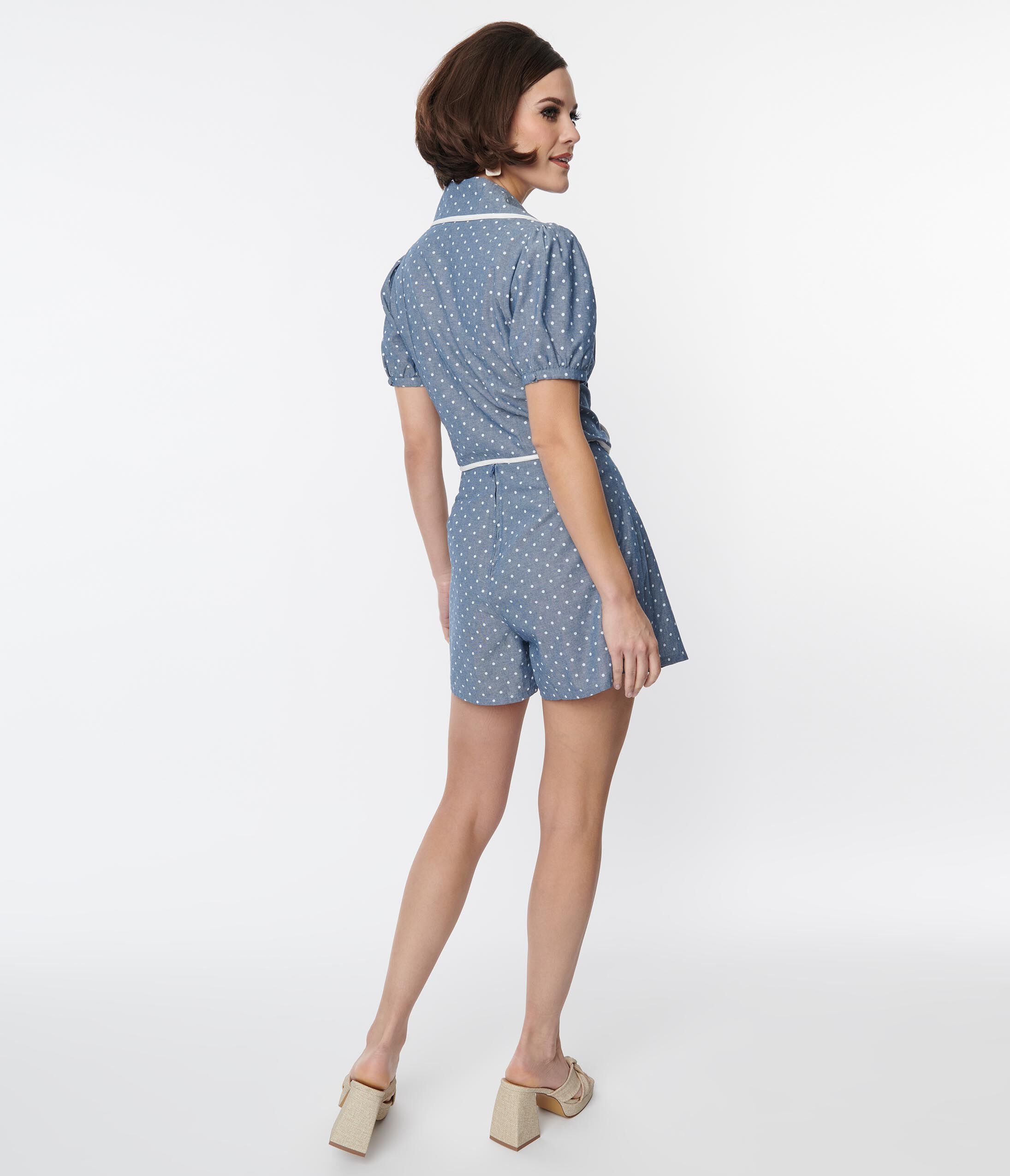 Smak Parlour Chambray & White Polka Dot Box Pleated Shorts, Blue Polka Dot / Dusty Blue, alternate image number 4