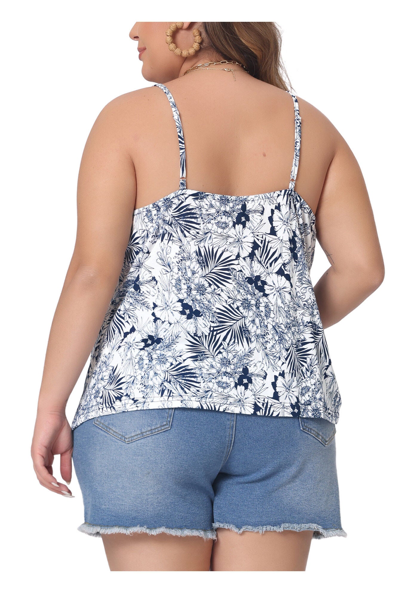 Boho Floral Loose Cami Spaghetti Strap Tunic, Navy Blue / Navy, alternate image number 3