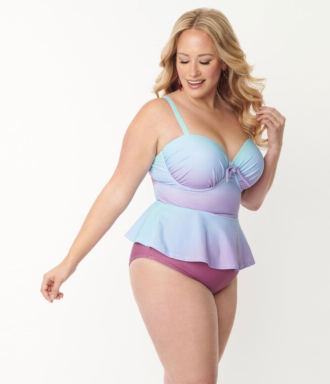 Unique Vintage Blue & Purple Ombre Peplum Solana Tankini Swim Top, Blue Purple / Light Blue, alternate image number null