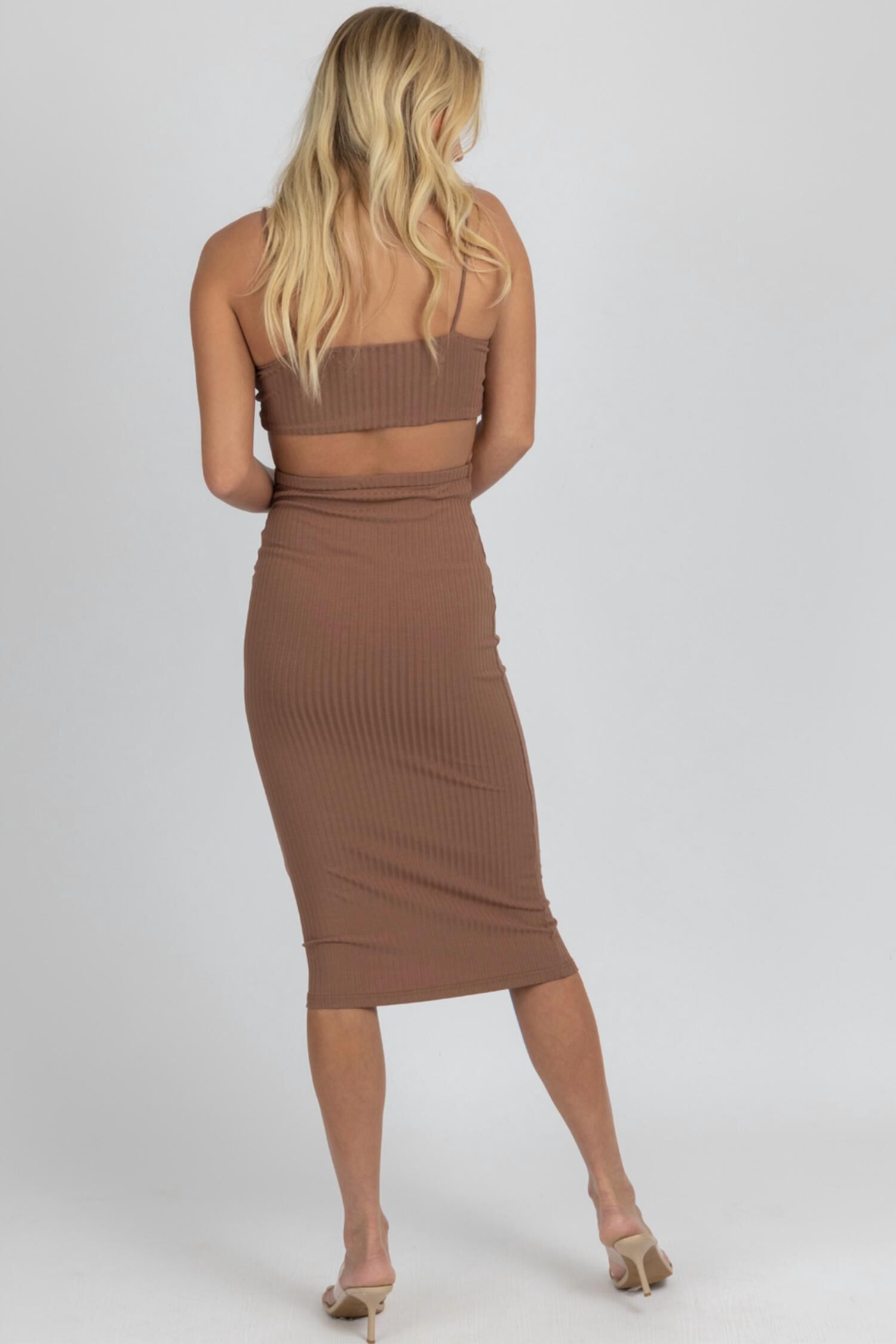 CUTOUT RIBBED MIDI DRESS IN MOCHA, , alternate image number 9