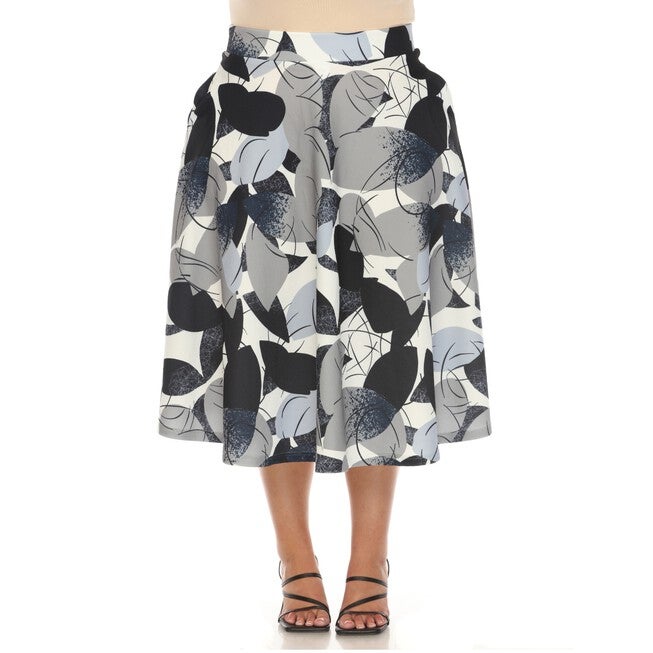 Leaf Print Vintage Flared Midi Skirt, Navy Gray / Navy, hi-res image number null