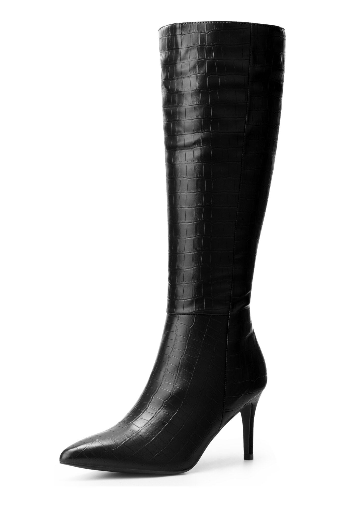 Stone Pattern Stiletto Heels Knee High Boots, Black / Black, alternate image number 3