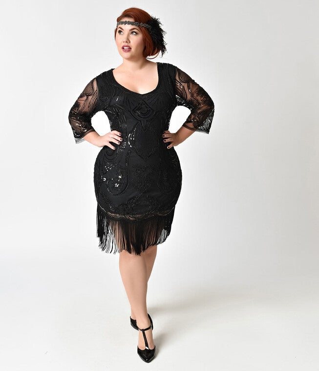 Unique Vintage 1920s Black Beaded & Sequin Margaux Sleeved Fringe Flapper Dress, , alternate image number 7