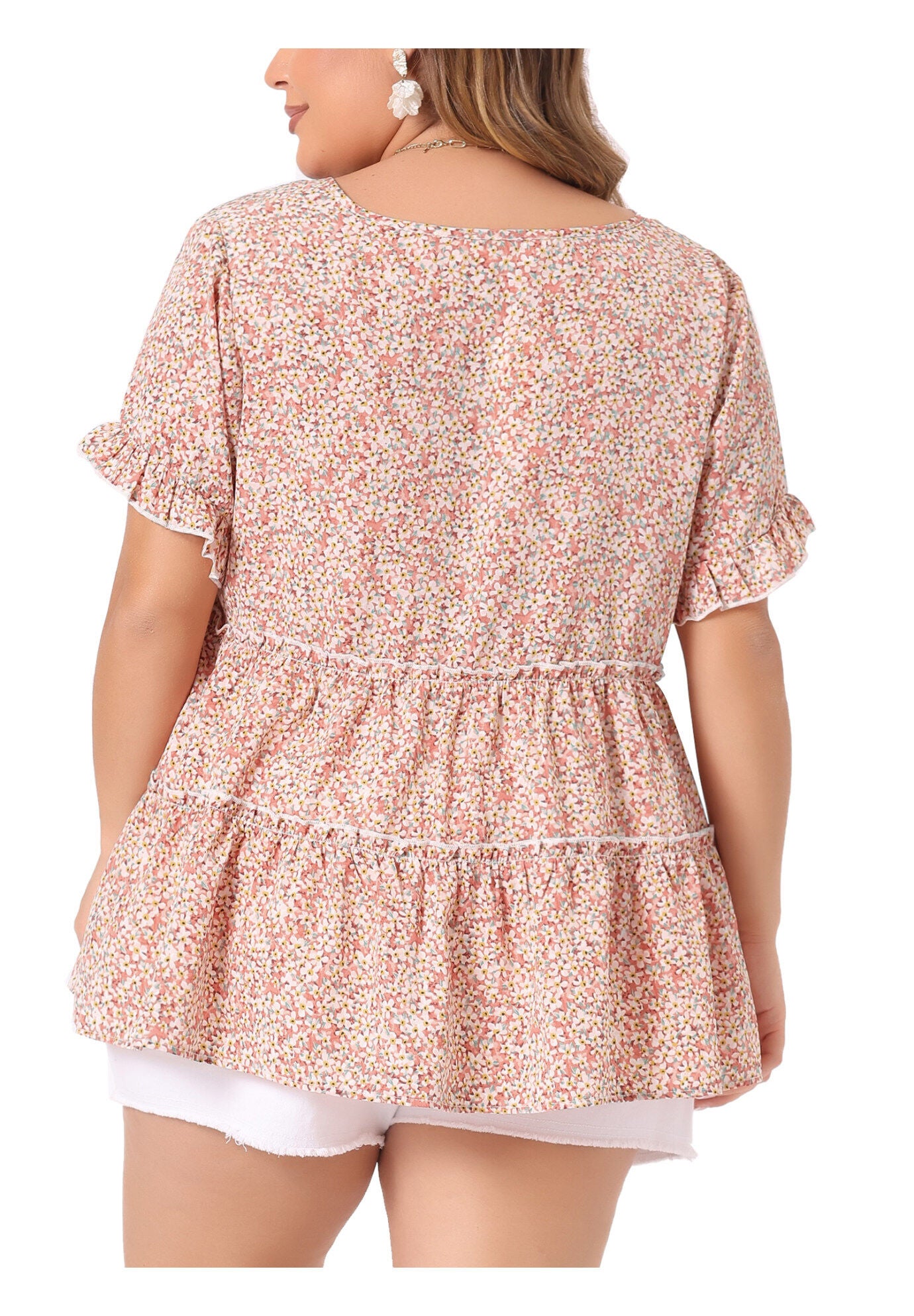Floral Print V Neck Ruffles Sleeve Tiered Babydoll Blouse, Pink / Pink, alternate image number 3