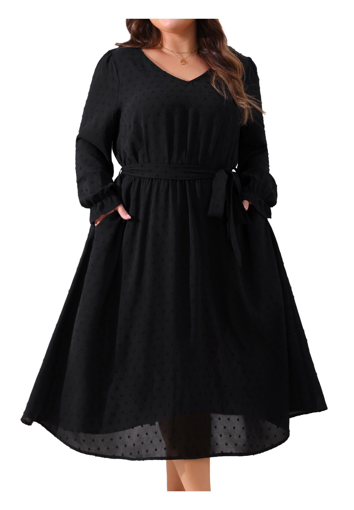 Swiss Dot V Neck Tie Belt A Line Flowy Midi Dresses with Pockets, Black / Black, alternate image number 1