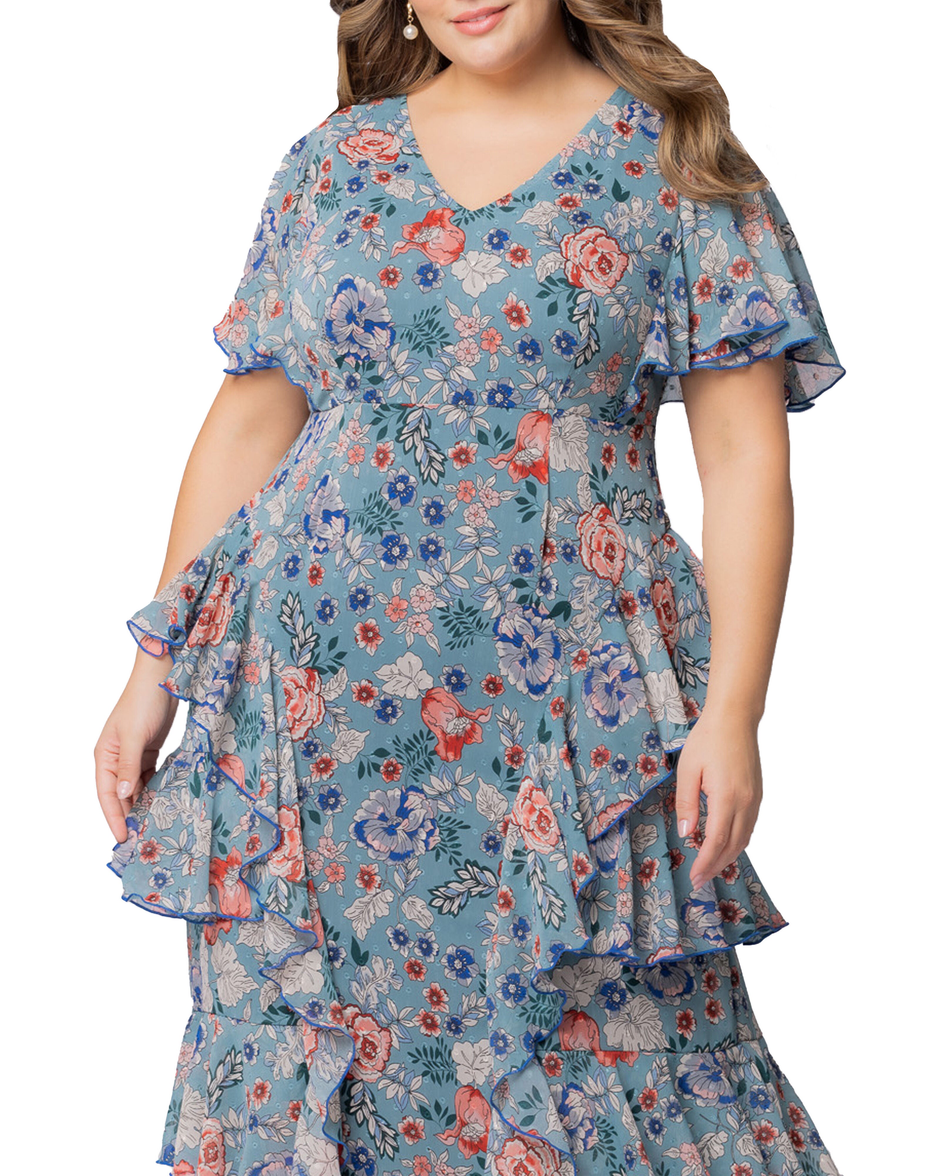 Tour de Flounce Chiffon Evening Gown, BLUE GARDEN PRINT / Azure Blue, alternate image number 2