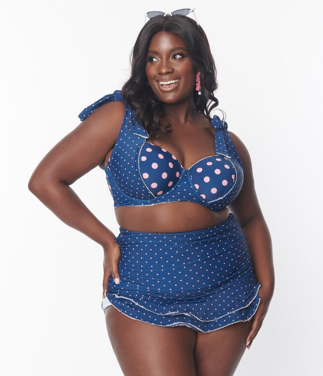 Unique Vintage Navy & Pink Pin Dot Totally Tied Up Swim Top, Navy Pink Pin Dot / Navy, alternate image number 1