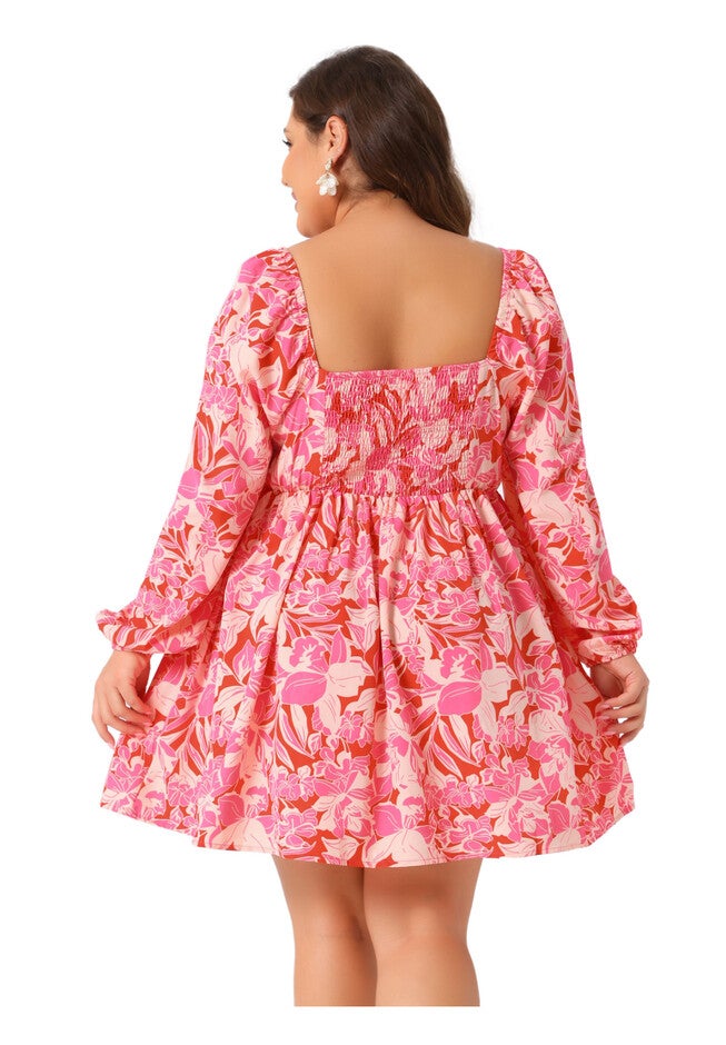 Sweetheart Neckline Puff Long Sleeve Smocked Chiffon A Line Floral Dress, Pink / Pink, alternate image number 3