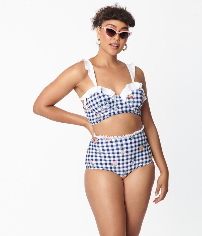 Unique Vintage Navy Gingham & Floral Southampton Swim Top, , alternate image number 8