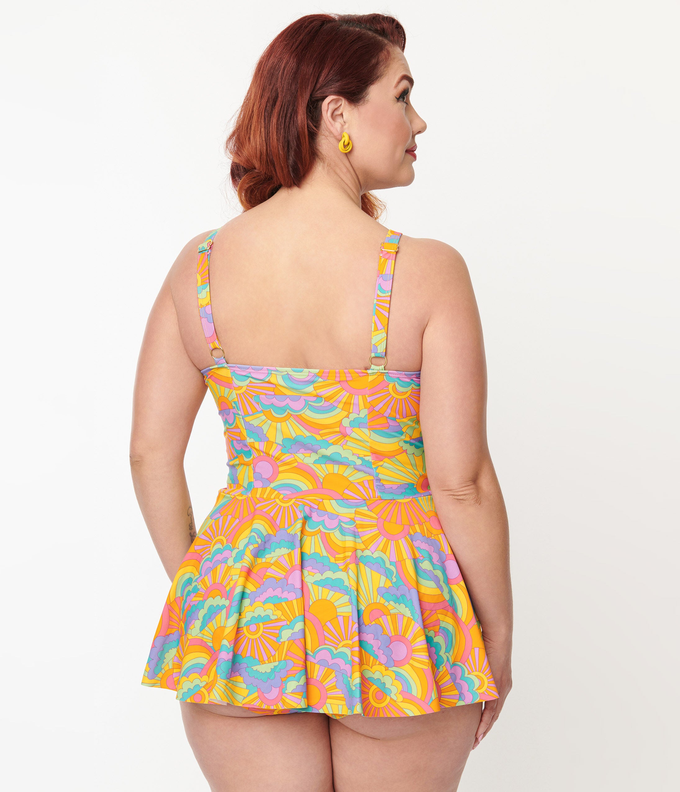 Unique Vintage Happy Groovy Rainbows Skirted One Piece Swimsuit, , alternate image number 3