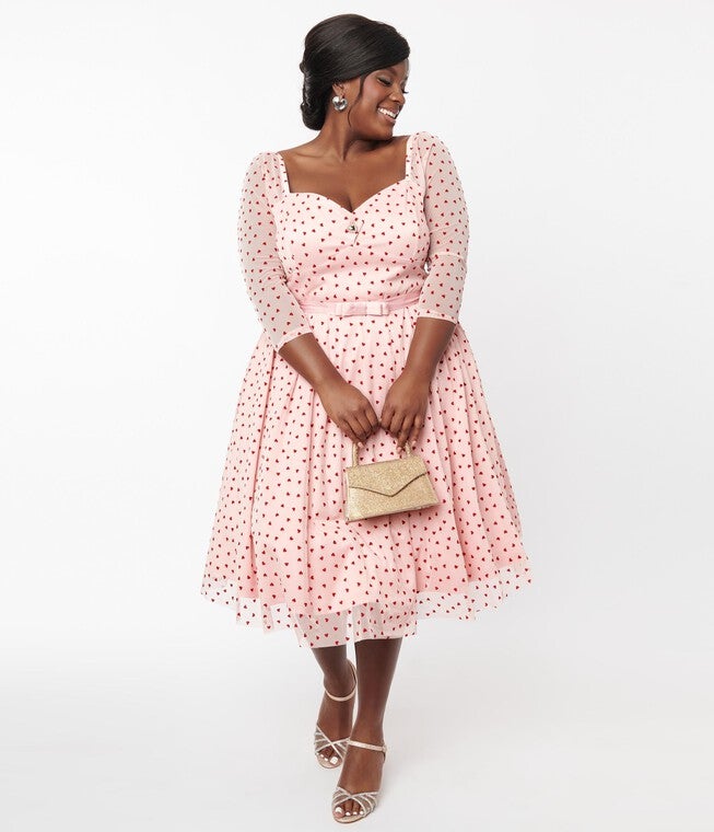 Unique Vintage Pink & Red Hearts Lamar Swing Dress, , alternate image number null