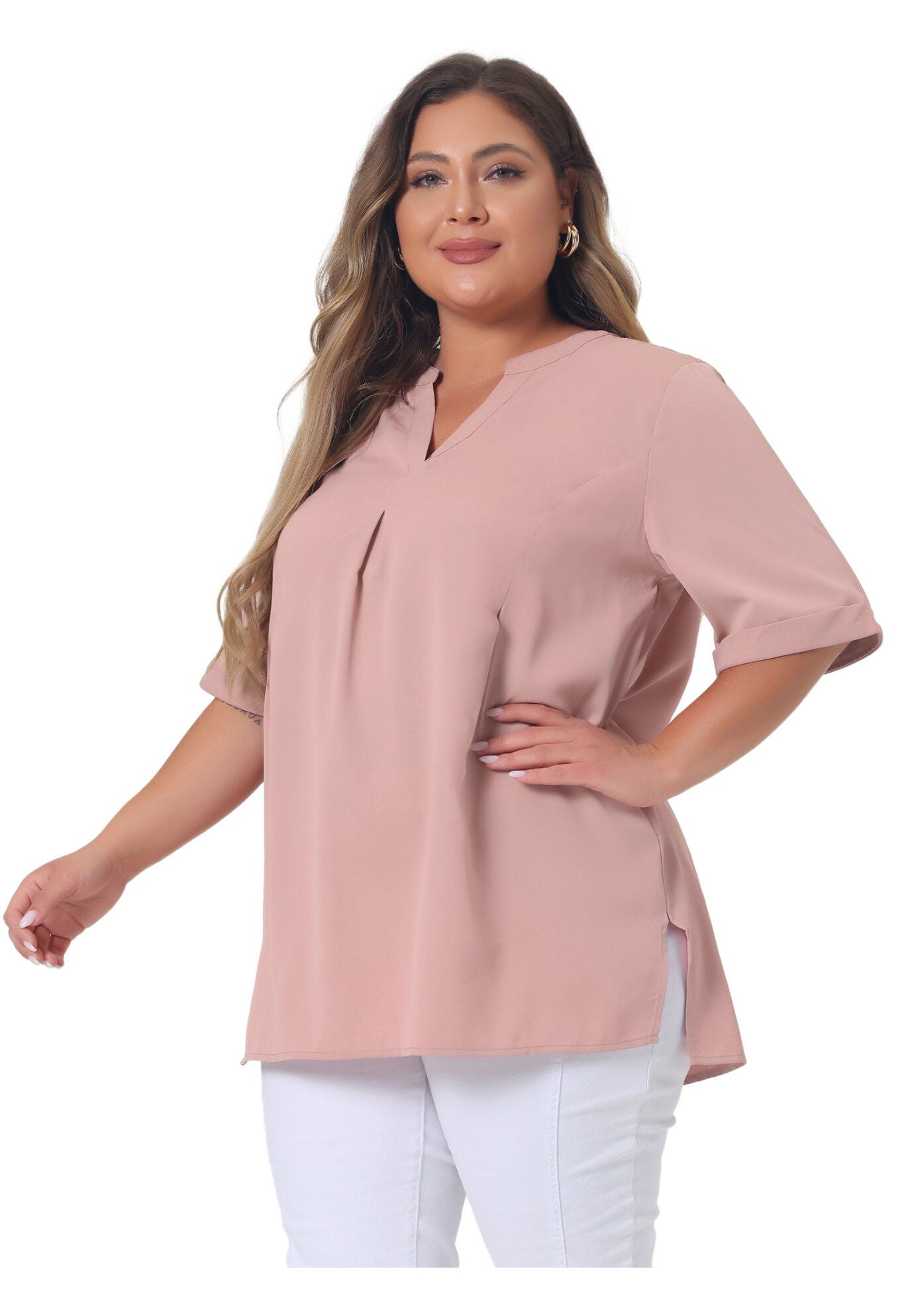 V Neck Casual Solid 1/2 Sleeve Tunic Blouse, Pink / Pink, alternate image number 3