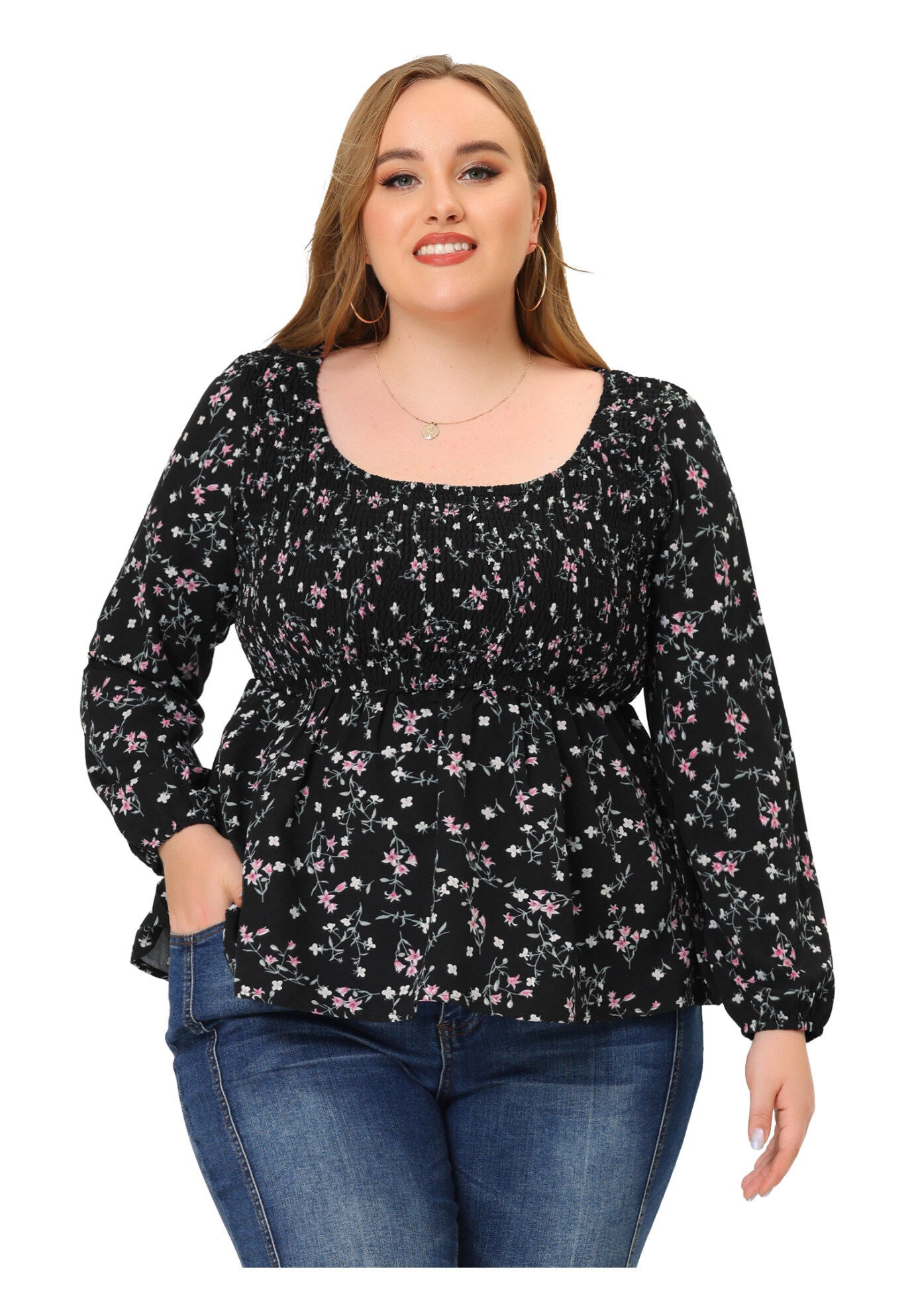 Floral Square Neck Smock Waist Peplum Top, Black / Black, hi-res image number 0
