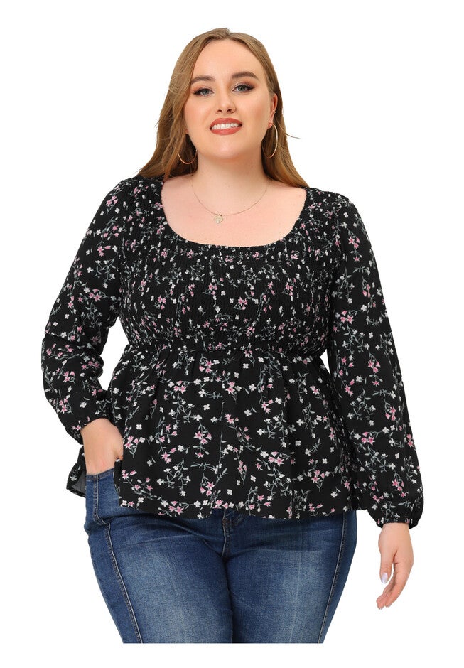 Floral Square Neck Smock Waist Peplum Top, Black / Black, hi-res image number 0