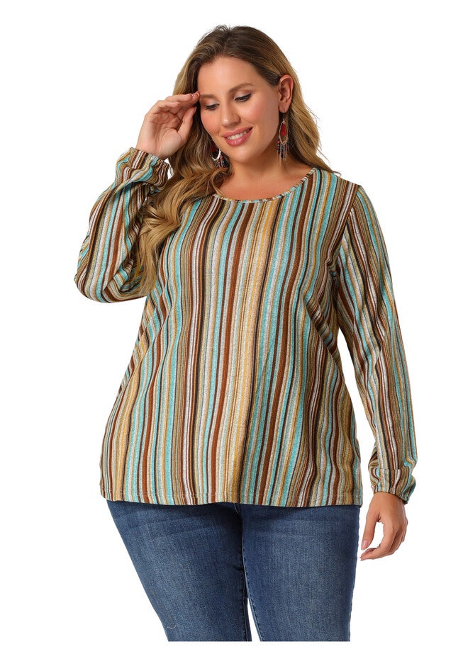 Boho Color Block Elastic Cuff Long Sleeve Striped Top, Multicolor / Turquoise, alternate image number 3