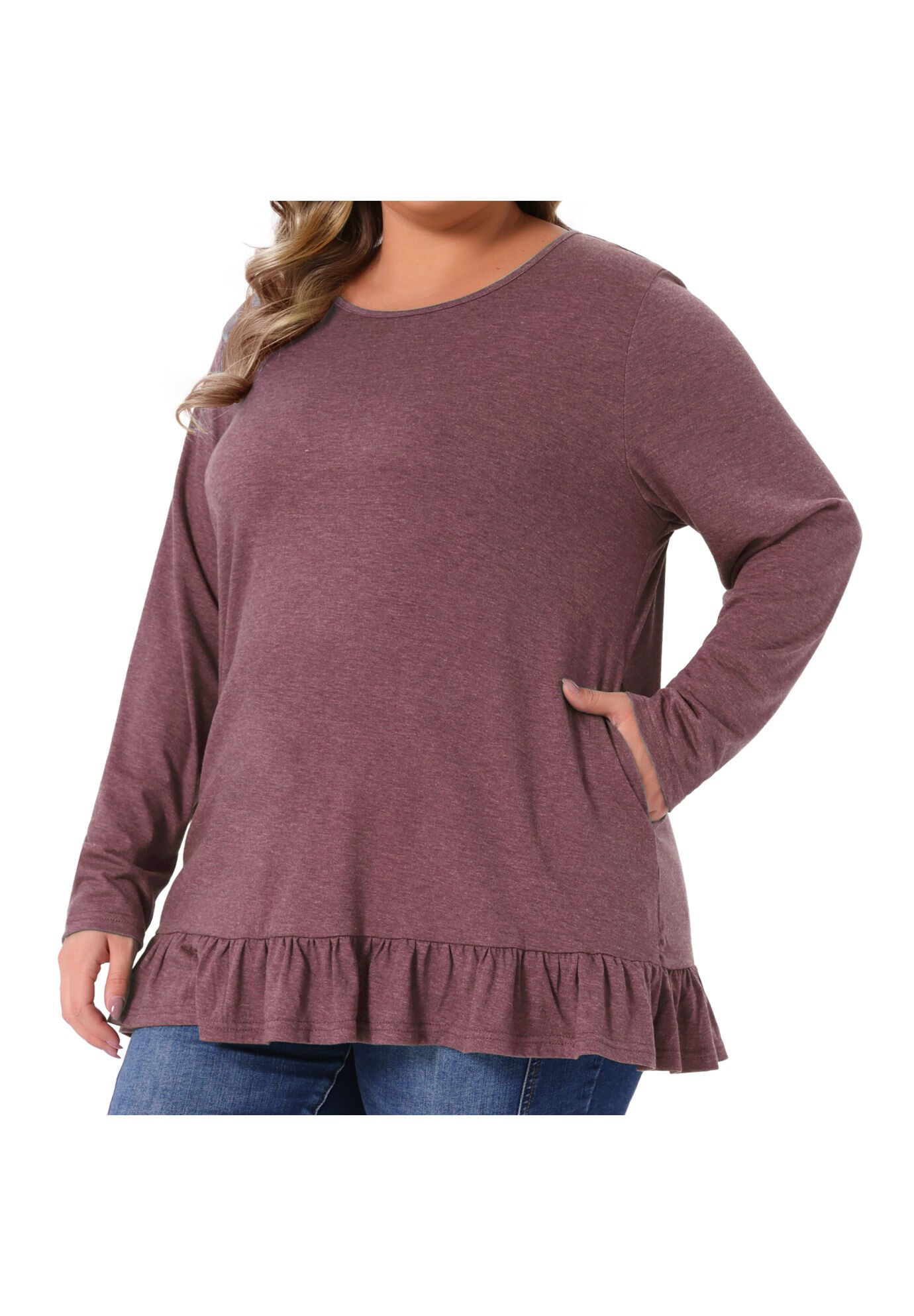 Crew Neck Ruffled Hem Flowy Blouses with Pockets, Burgundy / Burgundy, alternate image number 2
