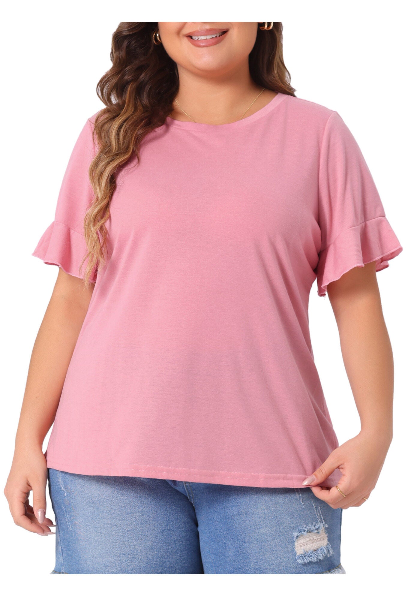 PLAIN CREW NECK RUFFLE SHORT SLEEVE TEE TOP, Pink / Pink, alternate image number 1