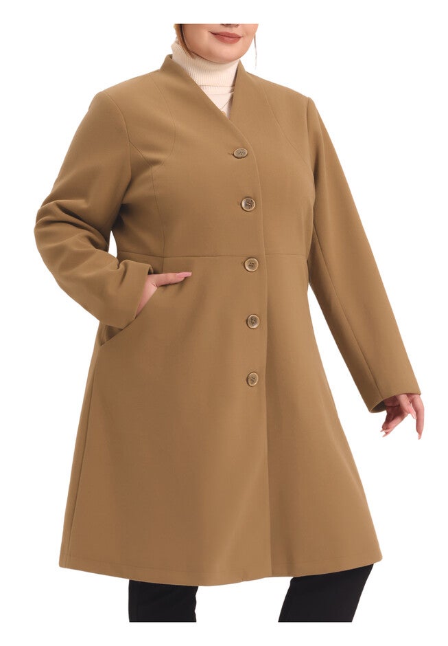 V NECK SINGLE BREASTED LONG COAT WITH POCKETS, Camel / Brown, alternate image number 1