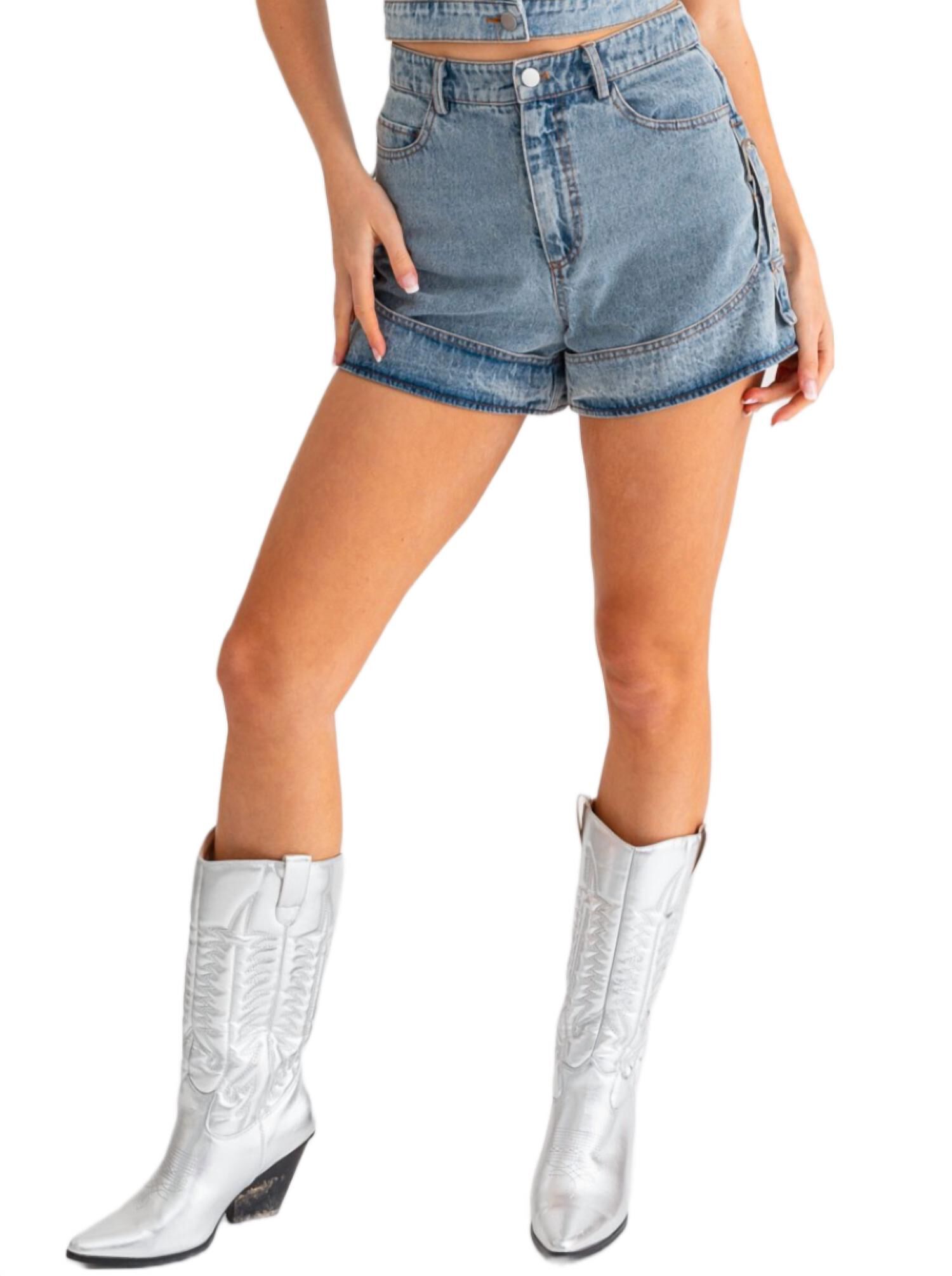 Buckled Up Denim Shorts In Blue, Blue / Light Wash, hi-res image number 0