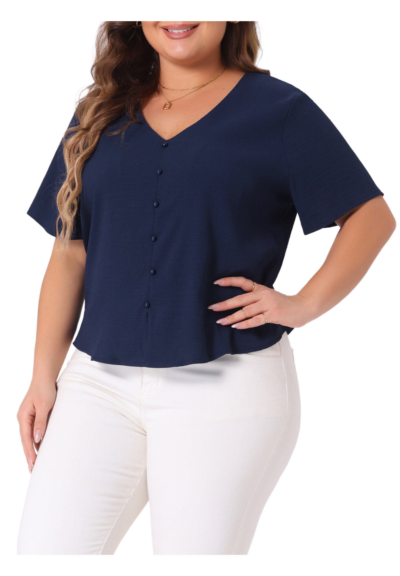 V Neck Short Sleeve Shirt with Split Hem, Navy Blue / Navy, alternate image number 3
