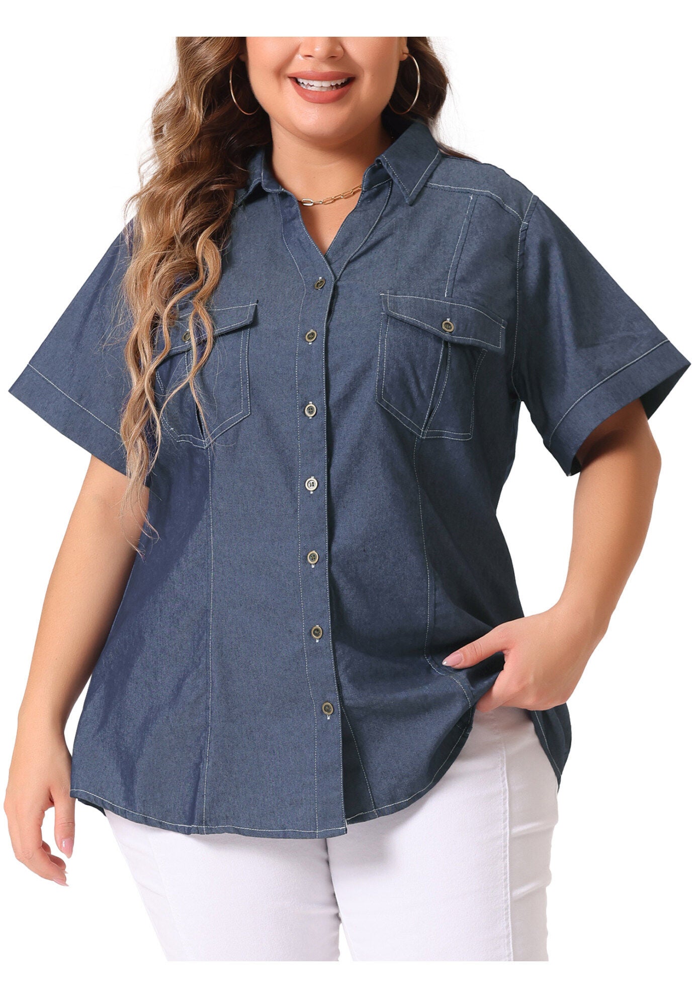 Workwear Short Sleeve Button Down Chambray Shirt, Black Blue / Chambray Denim Medium, alternate image number 2