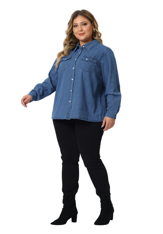 Button Down Denim Shirt Long Sleeve Jean Jacket, Mid Blue / Chambray Denim Medium, hi-res image number null