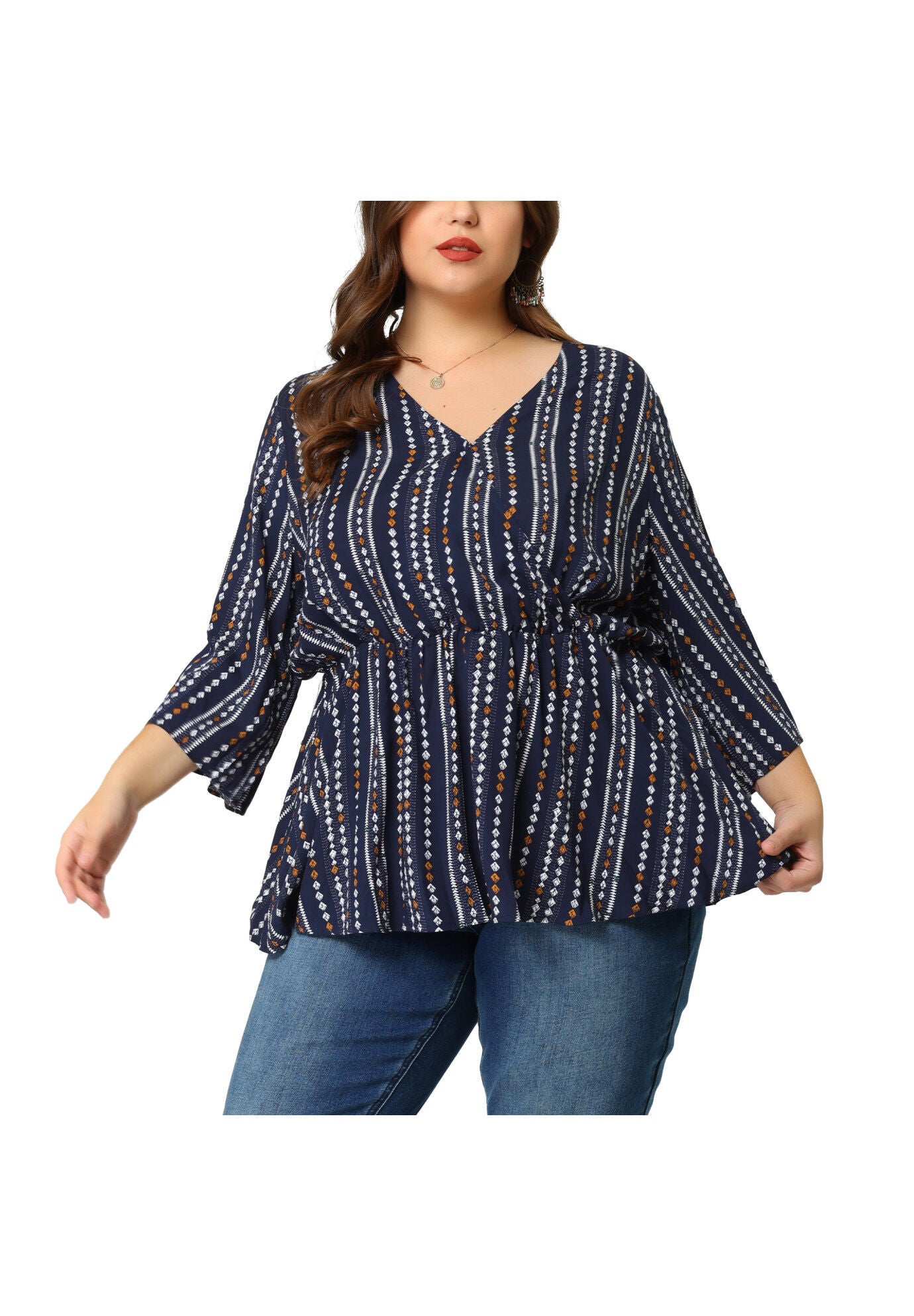 Boho Work V Neck Striped Peplum Top Blouse, Blue / Navy, alternate image number 2