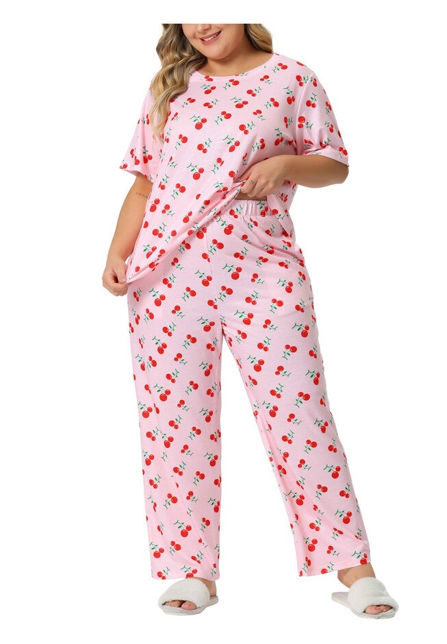 Cherry Print Sleepwear Lounge Set, Pink / Pink, alternate image number 1