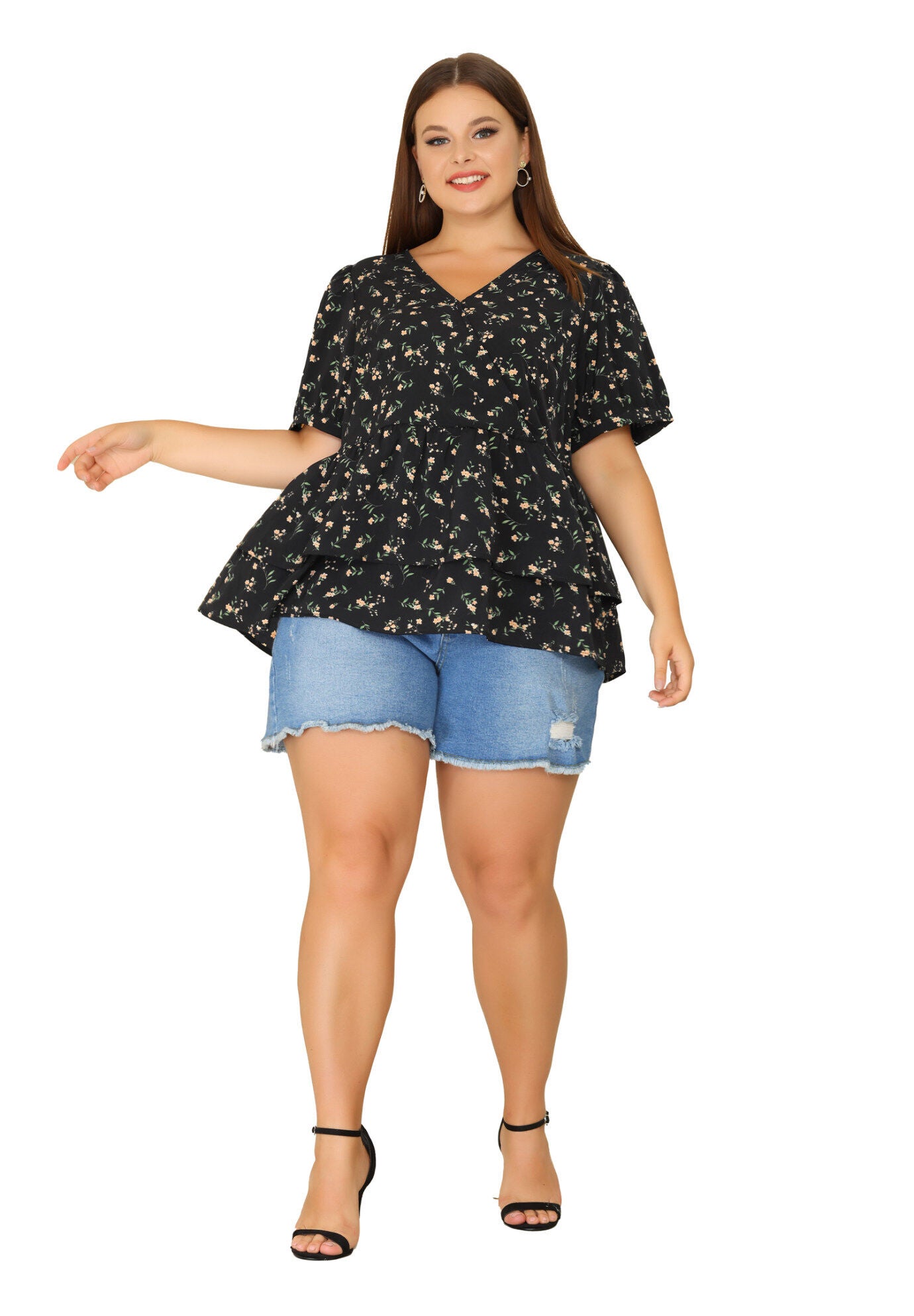 V Neck Short Sleeve Layered Peplum Top Summer Floral Blouse, Black / Black, hi-res image number 0
