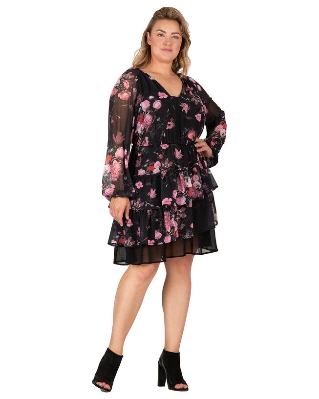 Miranda Women's Mini Floral Printed Swing Plus Size Dress, Black Floral / Black, alternate image number 2