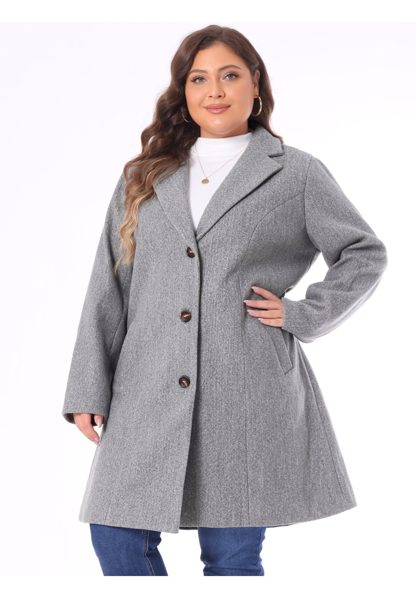 SINGLE BREASTED NOTCHED LAPEL LONG WINTER COAT, Grey / Light Grey, alternate image number 1