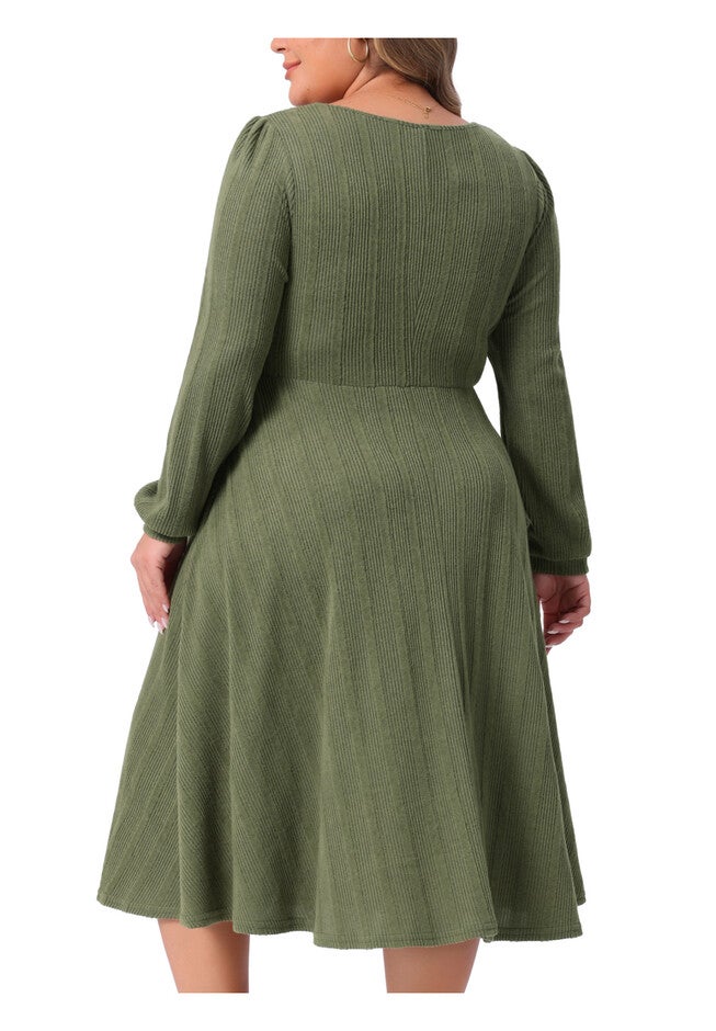 Square Neck A-Line Knit Midi Dresses with Pockets, Army Green / Olive Green, alternate image number 3