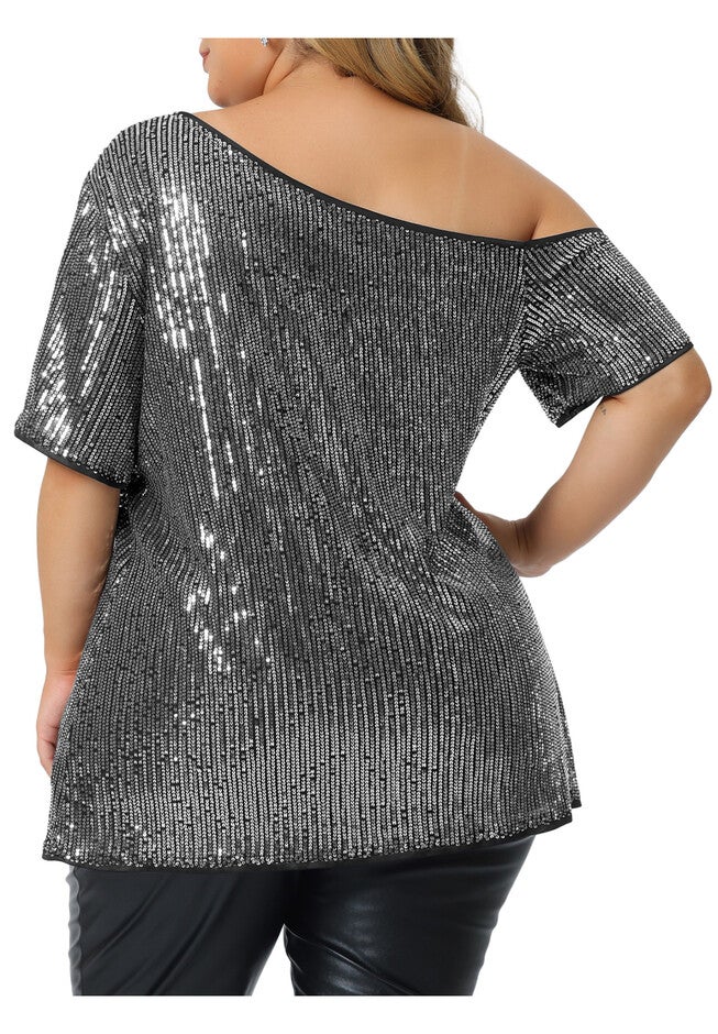 ONE SHOULDER SHORT SLEEVE METALLIC SEQUIN TOP, Silver / Silver, alternate image number 1