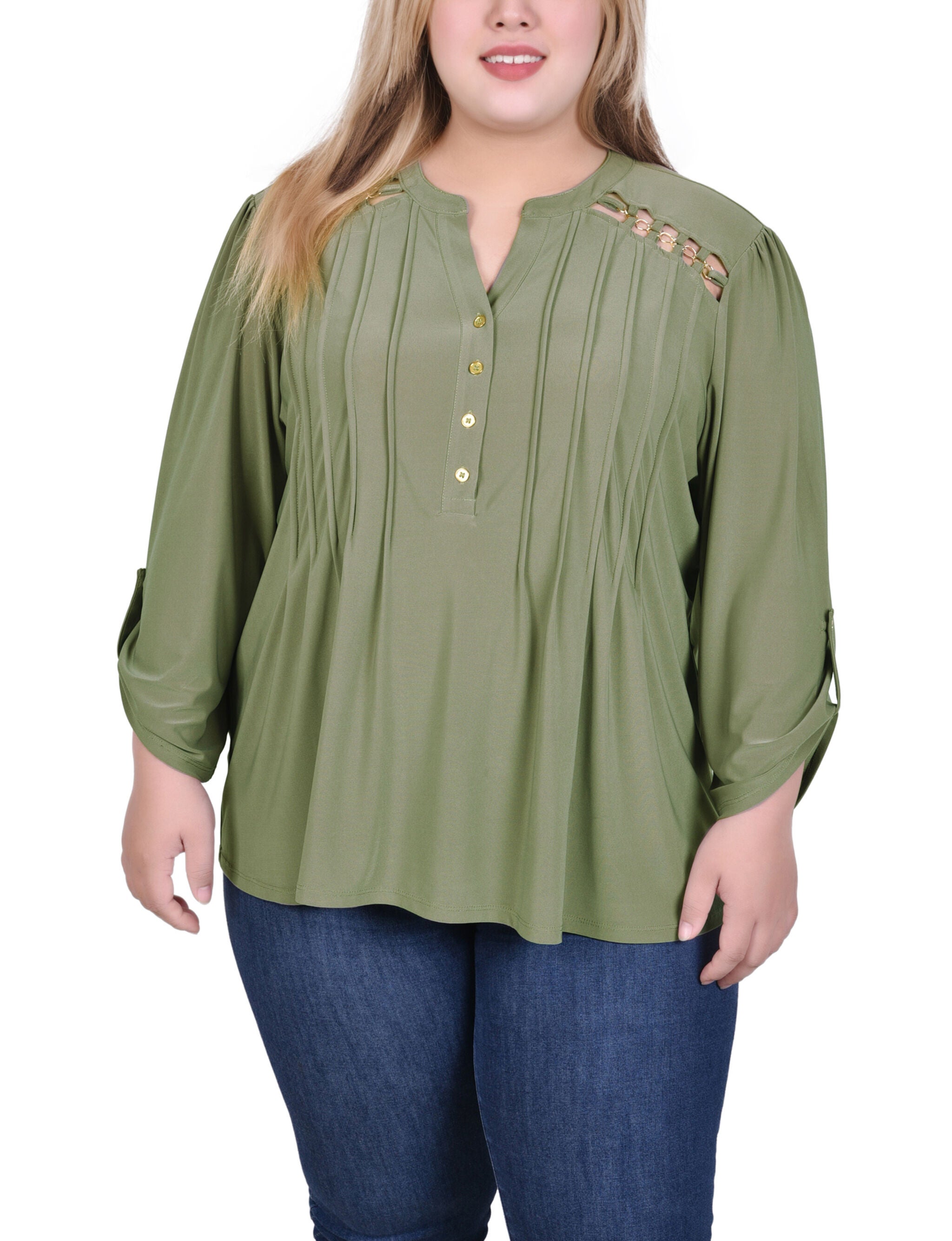 Long Sleeve Pintuck Front Top With Chain Details, Burnt Olive, hi-res image number 0
