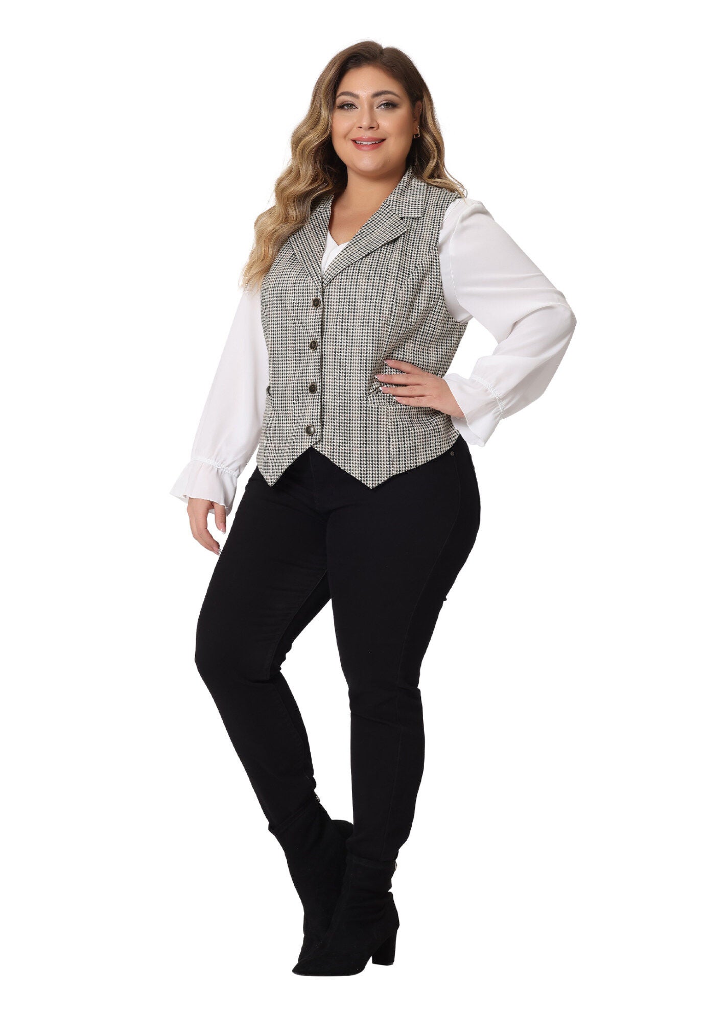 VINTAGE BUTTON STEAMPUNK PLAID WAISTCOAT VEST, Black Brown / Taupe, hi-res image number 0