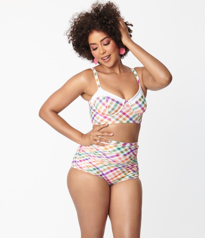 Unique Vintage Pastel Madras Gingham Marlene Crop Swim Top, , alternate image number 7
