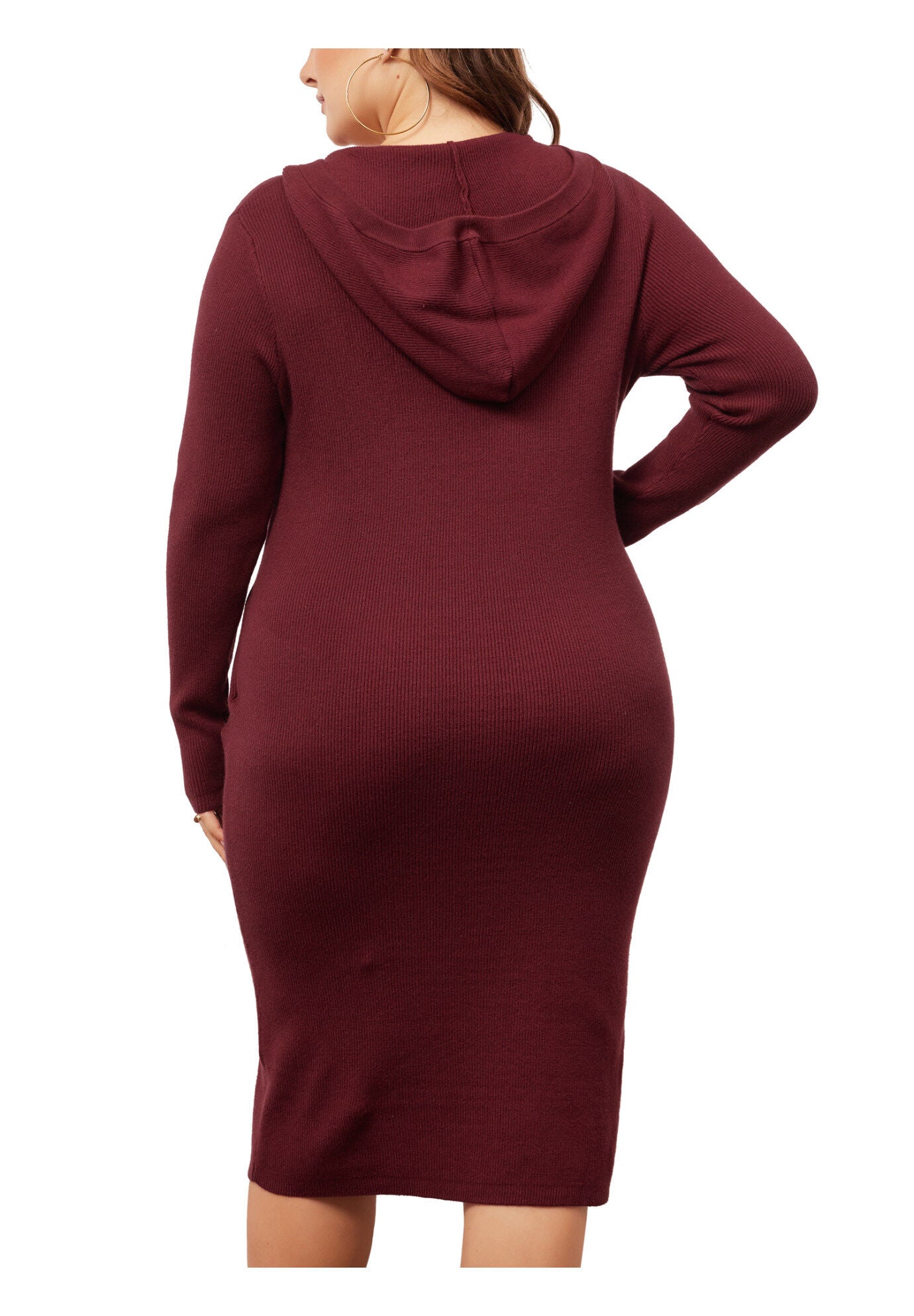 Long Sleeve Knit Pullover Hooded with Pocket Sweater Dress, Burgundy / Burgundy, alternate image number 3