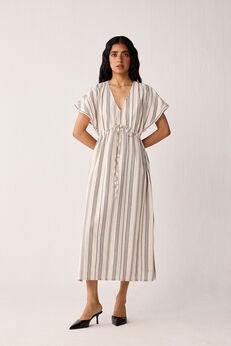Maxi Gathered Dress with Side Slits in Stripes