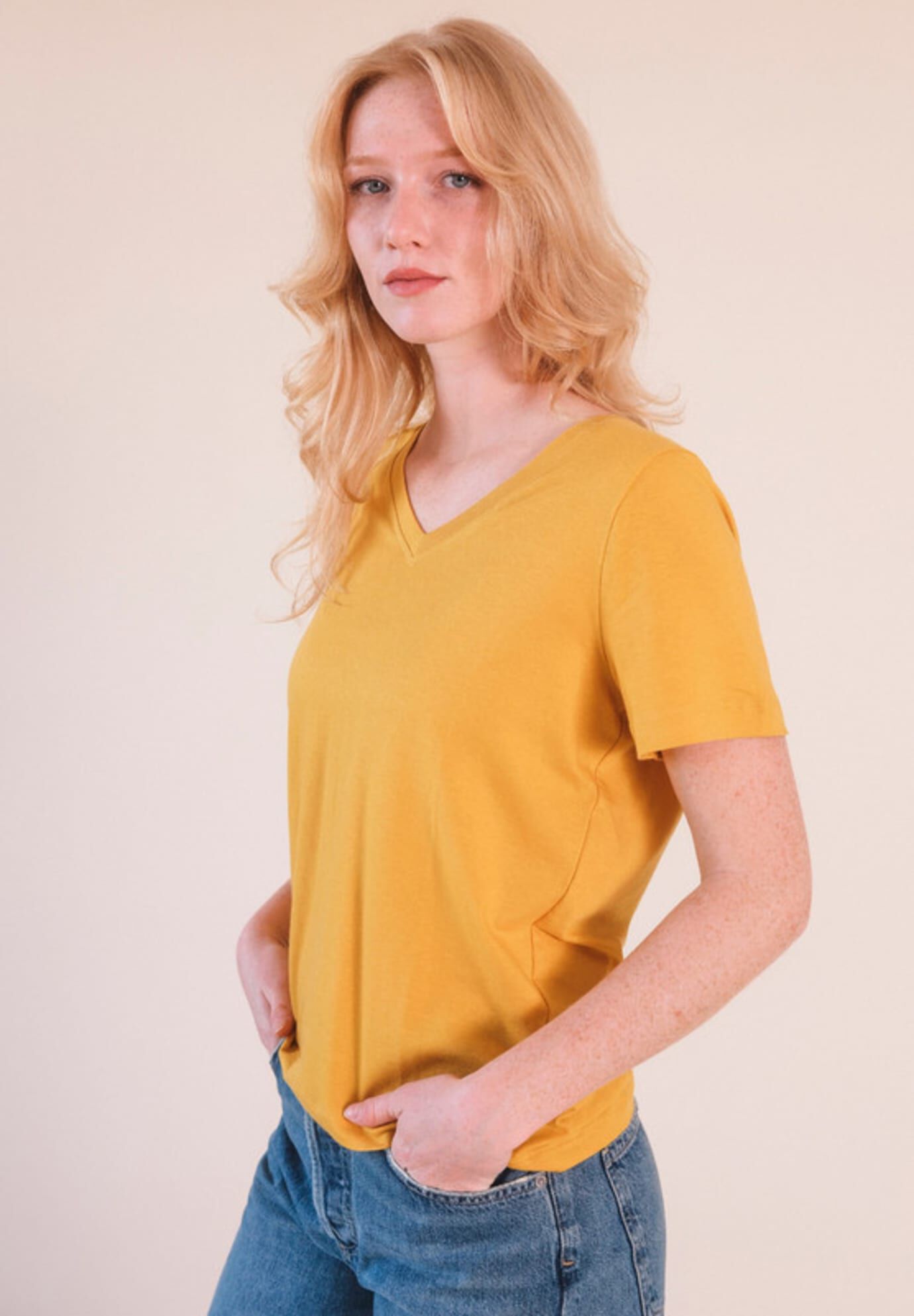 Plus Louise Organic Cotton + Tencel  V-neck Tee, Golden / Gold, alternate image number 3
