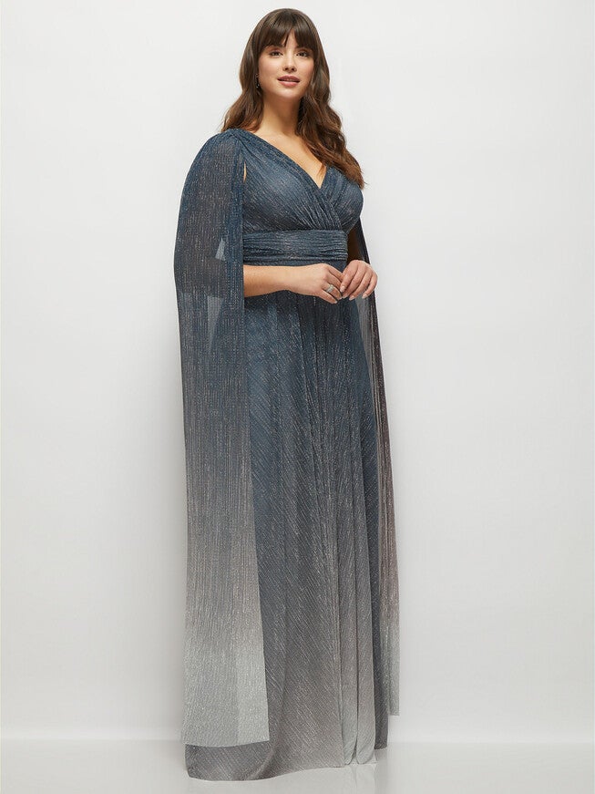 Streamer Sleeve Ombre Pleated Metallic Maxi Dress, Cosmic Blue / White, alternate image number null
