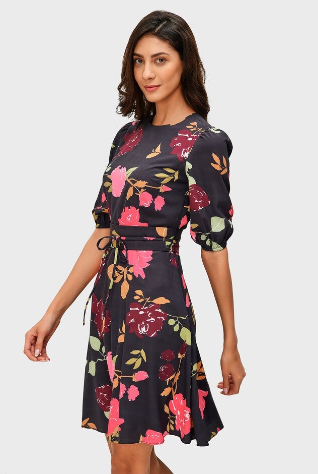 Floral Print Crepe Obi Belt A-Line Dress, Black / Black, alternate image number null