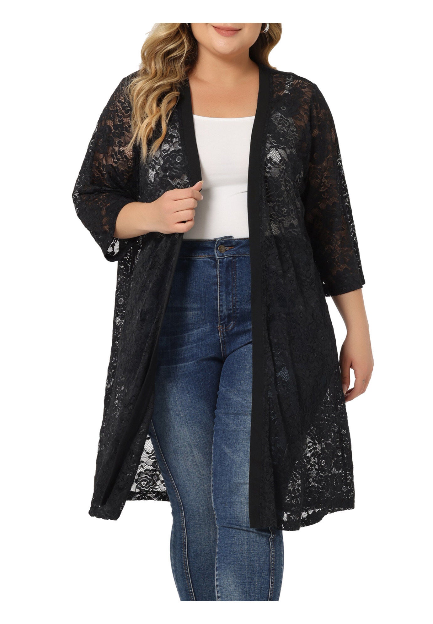LACE CROCHET 3/4 SLEEVE COVER UP CARDIGAN, Dark Black / Black, alternate image number 1