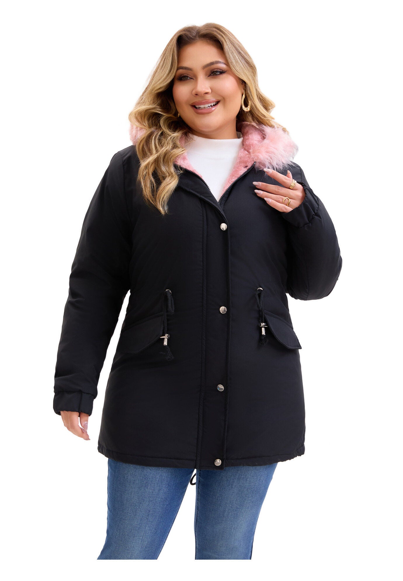 Drawstring Waist Fleece Winter Coat with Pockets, Black Pink / Black, alternate image number 2