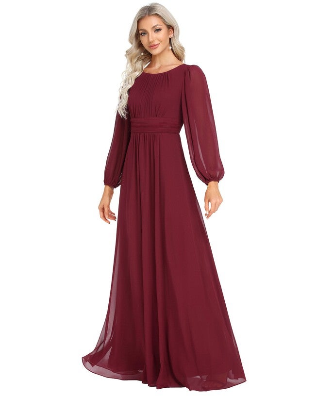 Chiffon High Empire Waist Puff Sleeve Mother Dress, Burgundy / Burgundy, alternate image number 3