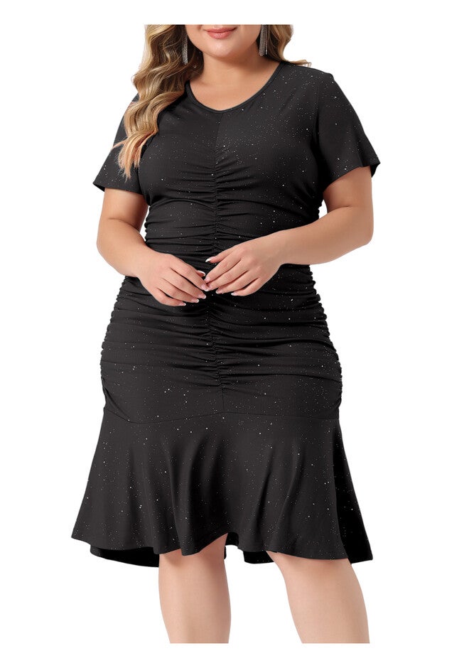 V Neck Short Sleeve Sequin Ruched Elegant Party Cocktail Dress, Black / Black, alternate image number 2
