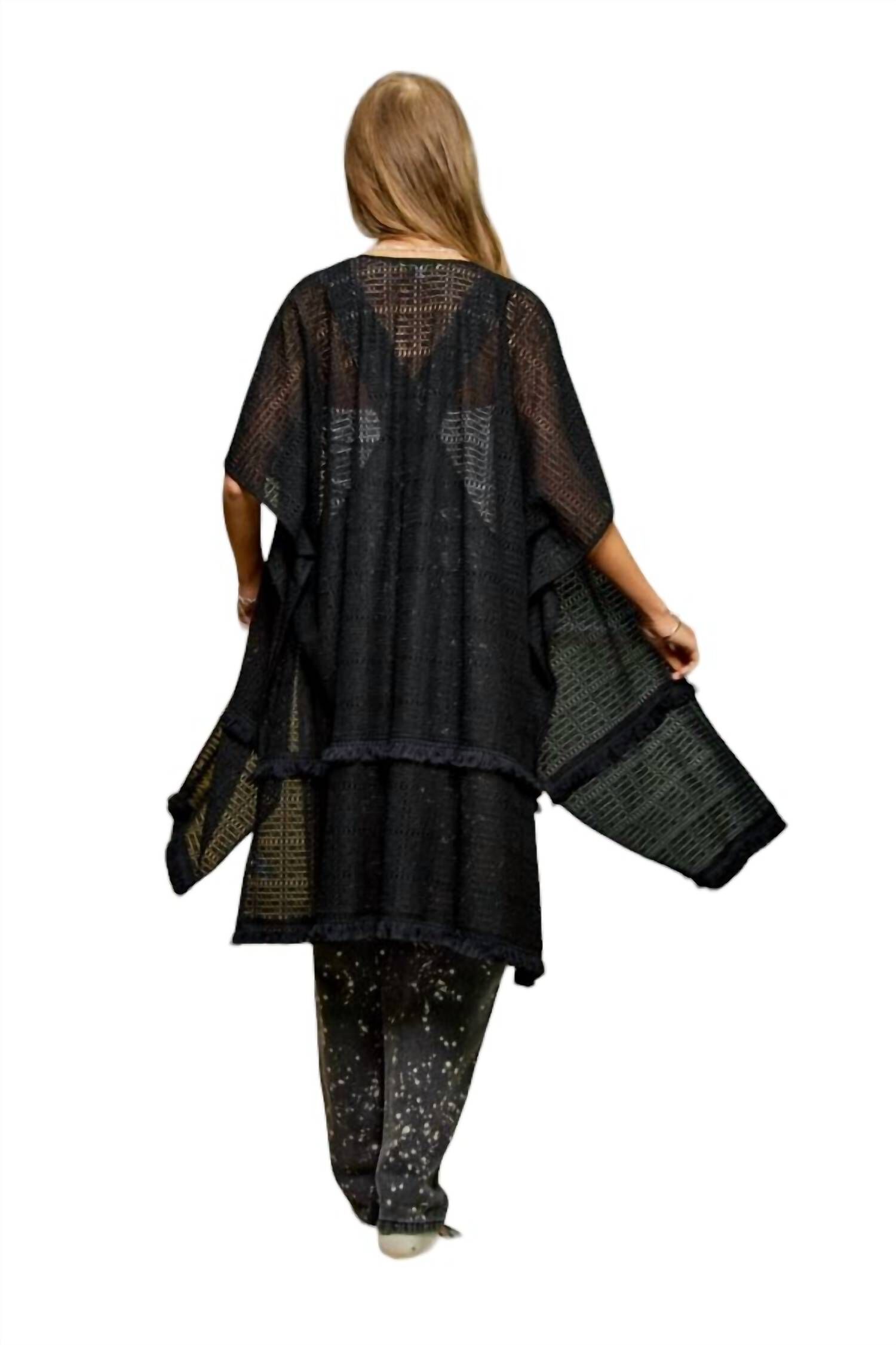 SQUARE-LACE FRINGE TRIM DETAIL OPEN FRONT KIMONO IN BLACK, Black / Black, alternate image number 2