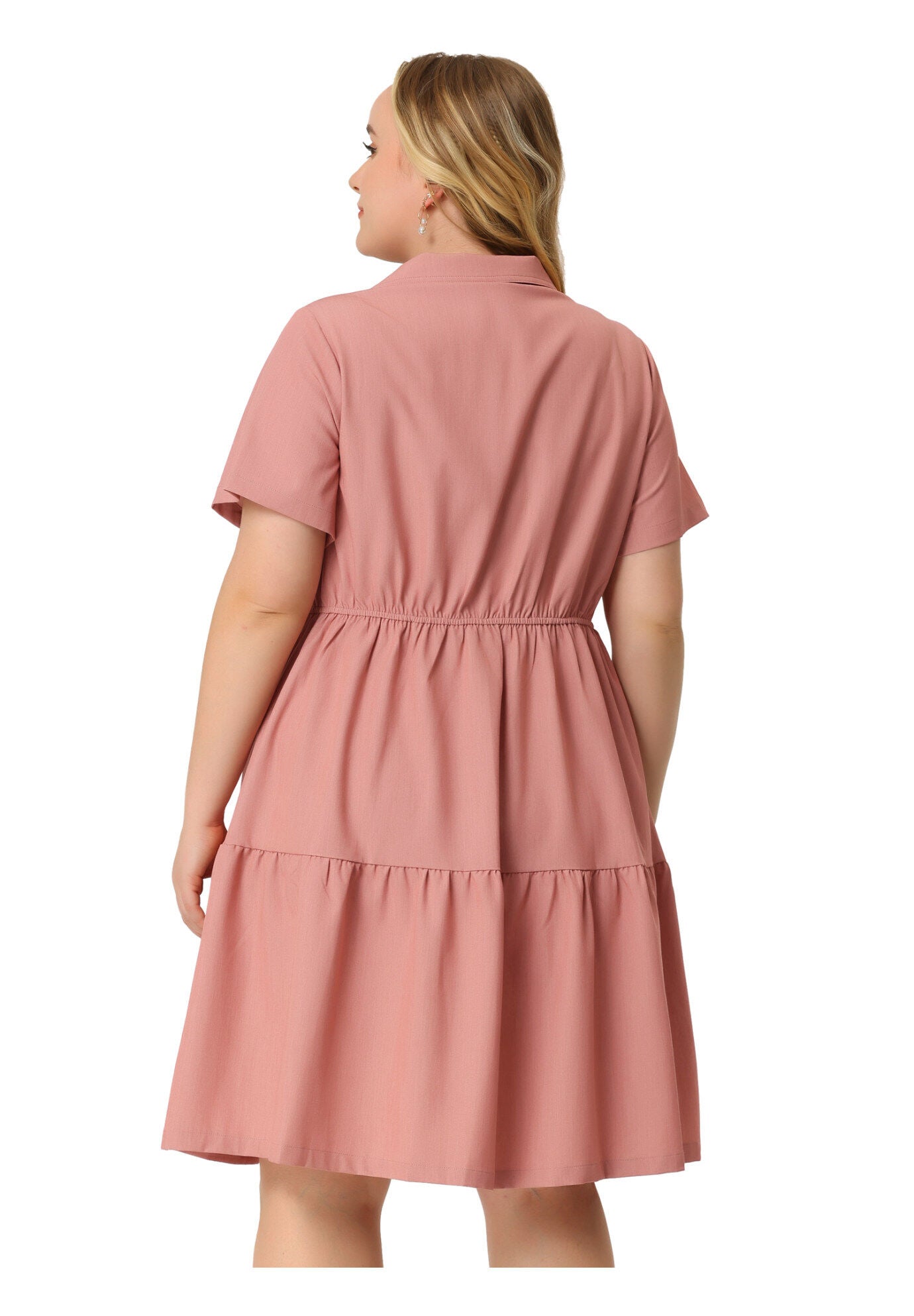 Short Sleeve Button Down Flowy Tiered Shirt Chambray Dress, Pink / Pink, alternate image number 3