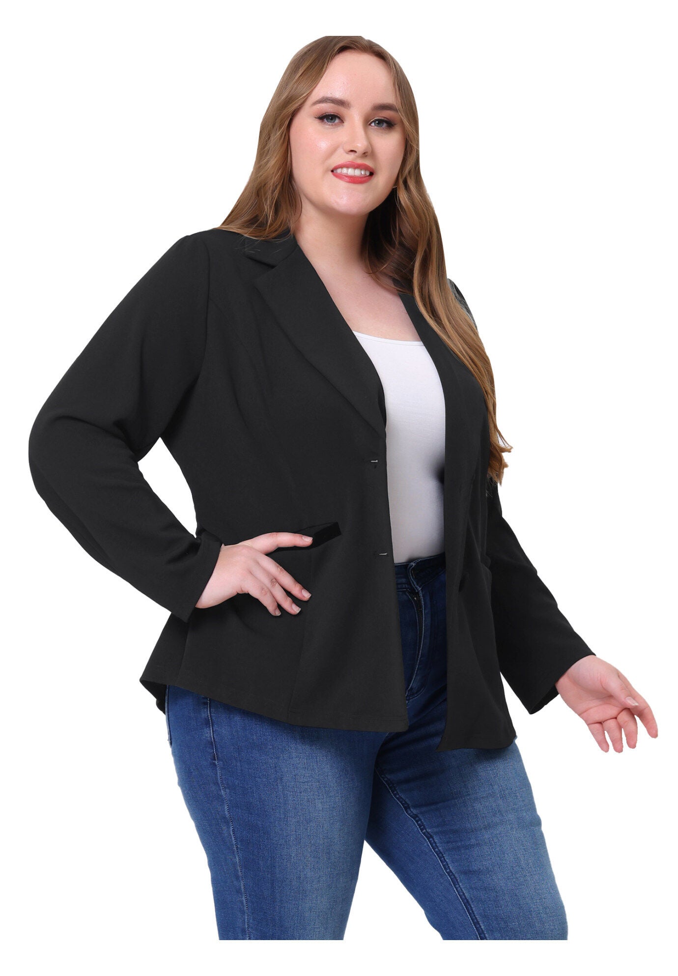 NOTCHED LAPEL V NECK WORK SUIT BLAZER, Black / Black, hi-res image number 0