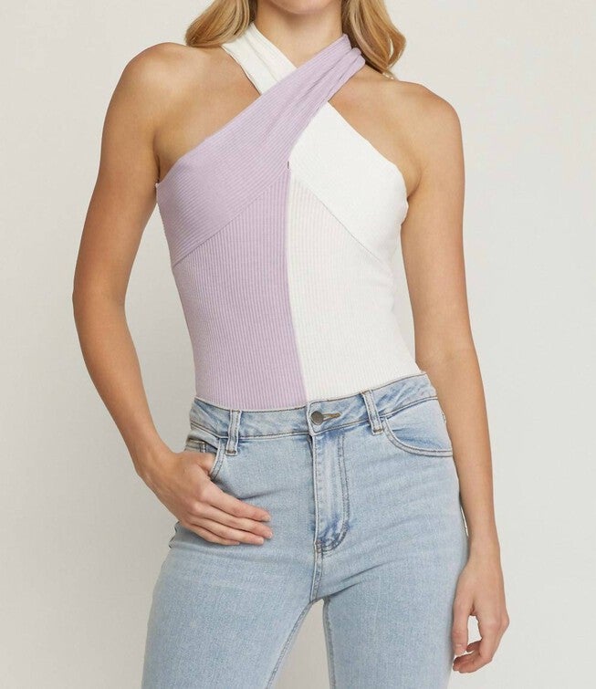 COLORBLOCK HALTER NECK BODYSUIT IN LAVENDER COMBO, Lavender Combo / Purple, hi-res image number null